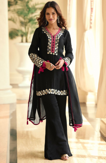 Black Silk Trouser Kameez with Mirror Work