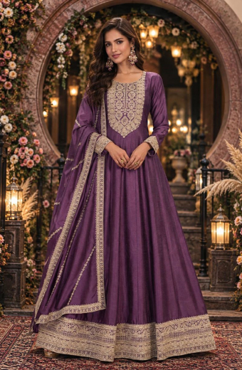 Burgundy Embroidered Silk Gown with Dupatta