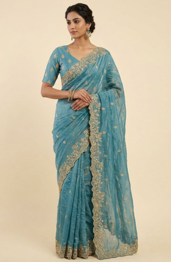 Mint Blue Sequins Embroidered Fendi Satin Saree