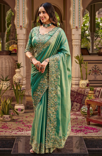 Mint Green Designer Embroidered Saree with Readymade Blouse