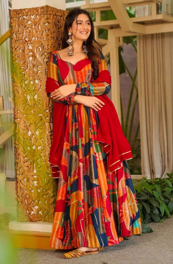 Multicolor Flared Rayon Gown with Dupatta