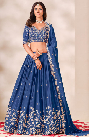 Navy Blue Embroidered Chinnon Lehenga Choli for Wedding