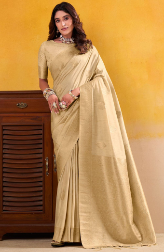 Cream Zari Woven Handloom Tussar Saree