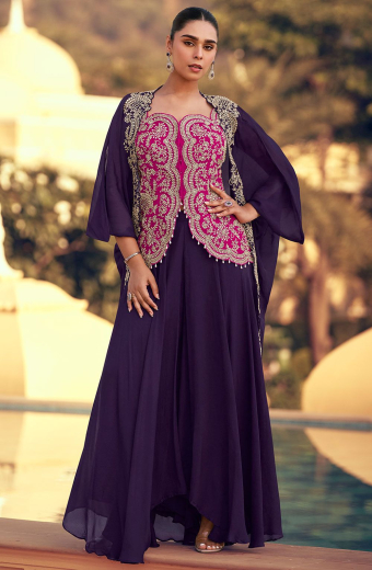 strapless open back dress Odette Women Purple Chinon Semi Stitched Indo-Western Dress main image 1