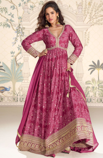 Gajari Pink Embroidered Chinnon Silk Gown with Dupatta
