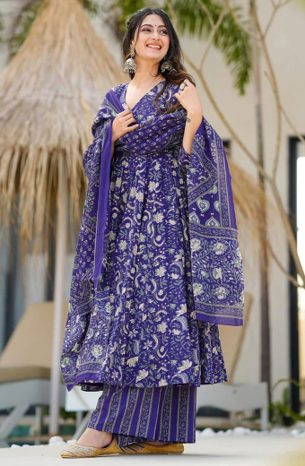 Indigo Blue Printed Muslin Flared Anarkali Suit