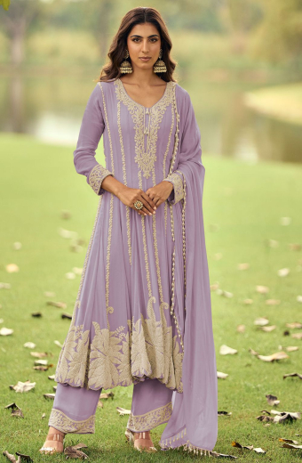 Lavender Beads Embroidered Georgette Trouser Kameez
