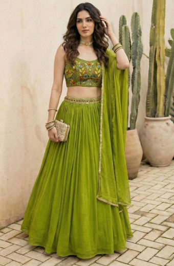 Lime Green Georgette Lehenga Choli for Ceremonial