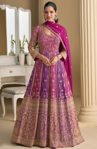 Magenta and Purple Embroidered Georgette Anarkali Gown with Dupatta