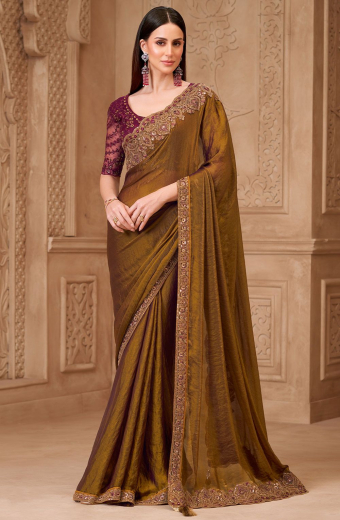 Mehendi Green Satin Georgette Saree with Embroidered Blouse