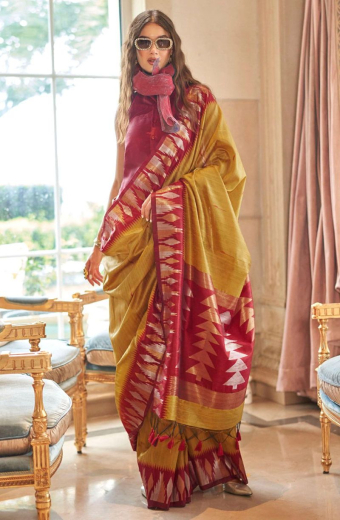 Mustard Pure Matka Silk Saree with Temple Border
