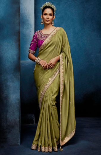Pear Green Embroidered Tissue Organza Saree