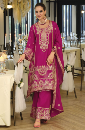 Rani Pink Embroidered Chinnon Trouser Kameez for Festival