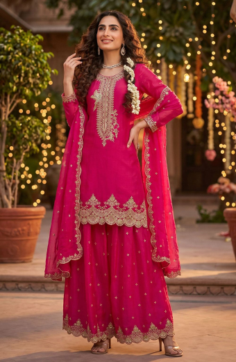 Rani Pink Embroidered Tora Silk Palazzo Kameez