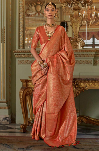 Rust Orange Tissue Dharmavaram Silk Saree
