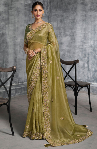 Sage Green Hand Embroidered Tissue Zari Saree