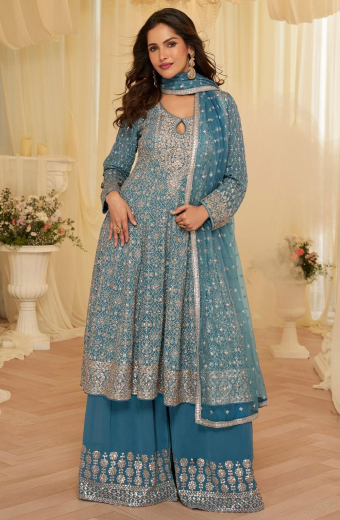 Teal Blue Embellished Georgette Designer Palazzo Kameez