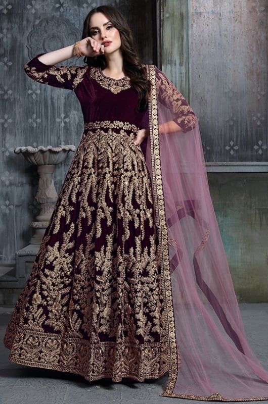 Burgundy Embroidered Velvet Anarkali Suit