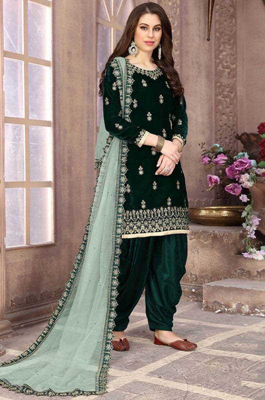 Pine Green Embroidered Velvet Patiala Kameez
