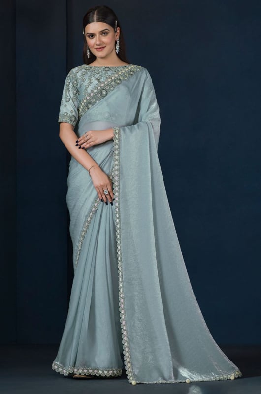 Aqua Blue Heavy Embroidered Designer Saree