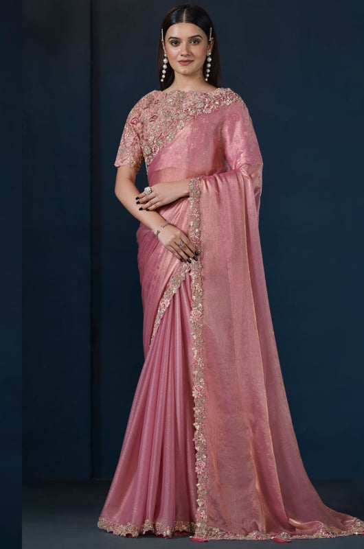 Salmon Pink Heavy Embroidered Designer Saree