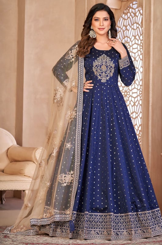 Navy Blue Embroidered Anarkali with Net Dupatta