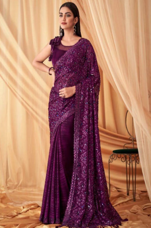 Magenta Sequins Embroidered Designer Saree