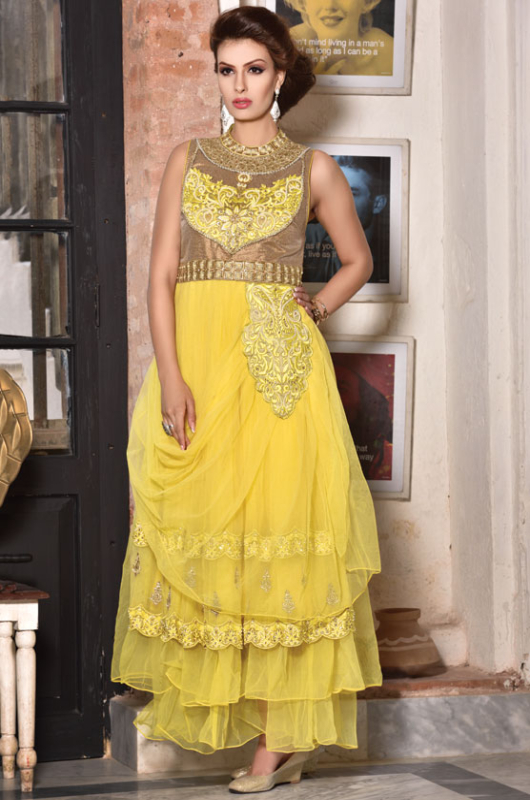 lemon colour dress design Lemon Yellow Gown With Work Designer Lemon Color Chinon Silk Work Gown –