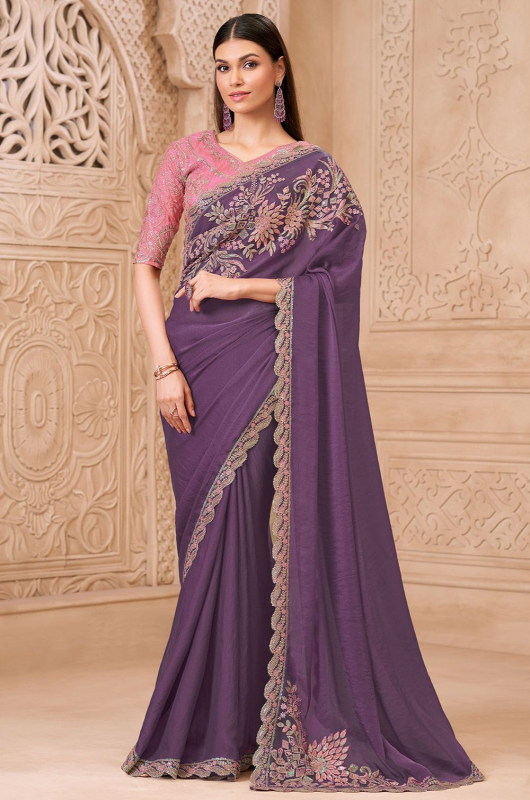 Amethyst Georgette  Saree with Embroidered Blouse