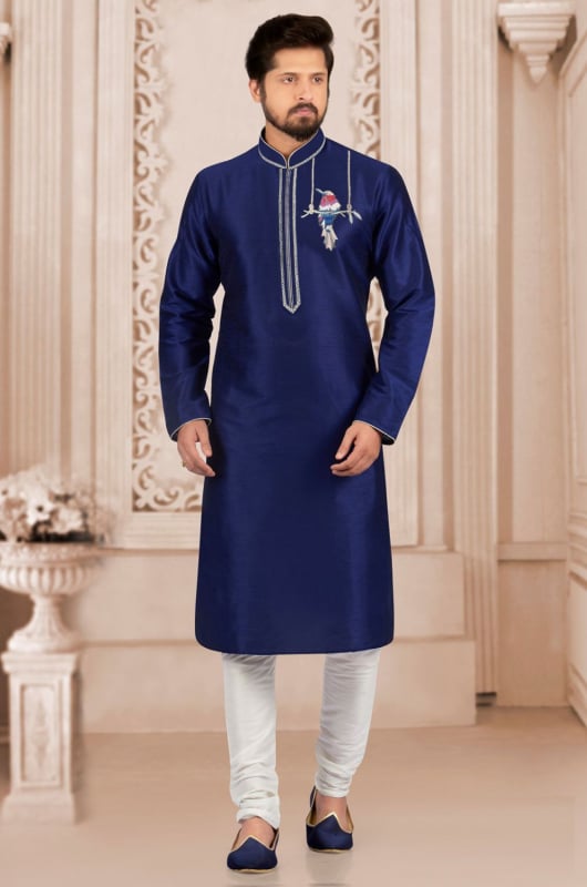 Navy Blue Dupion Silk Mens Kurta Set for Ceremonial