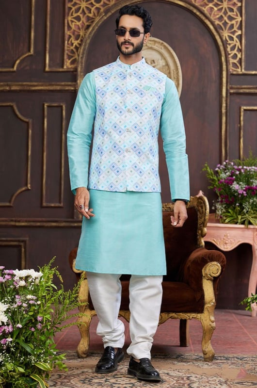 Aqua Blue Art Banarasi Silk Kurta Set with Jacket