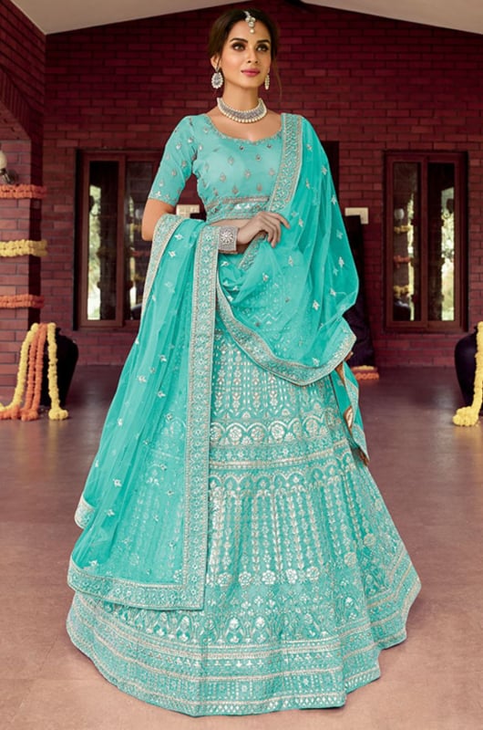 Aqua Blue Designer Bridal Lehenga Choli Set for Wedding