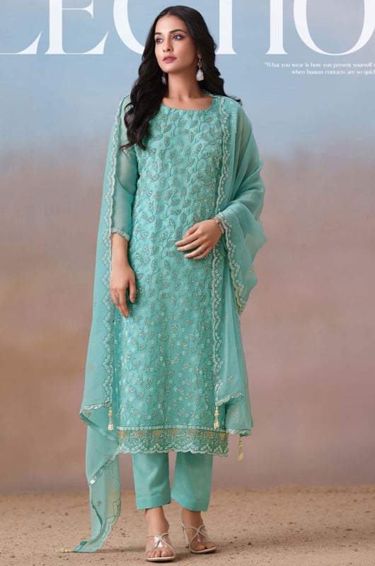 Aqua Blue Embroidered Chiffon Plus Size Suit