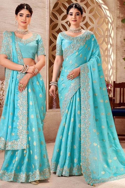 Aqua Blue Embroidered Tissue Silk Designer Saree