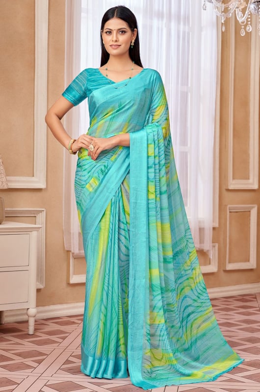 Aqua Blue Printed Chiffon Saree with Satin Border
