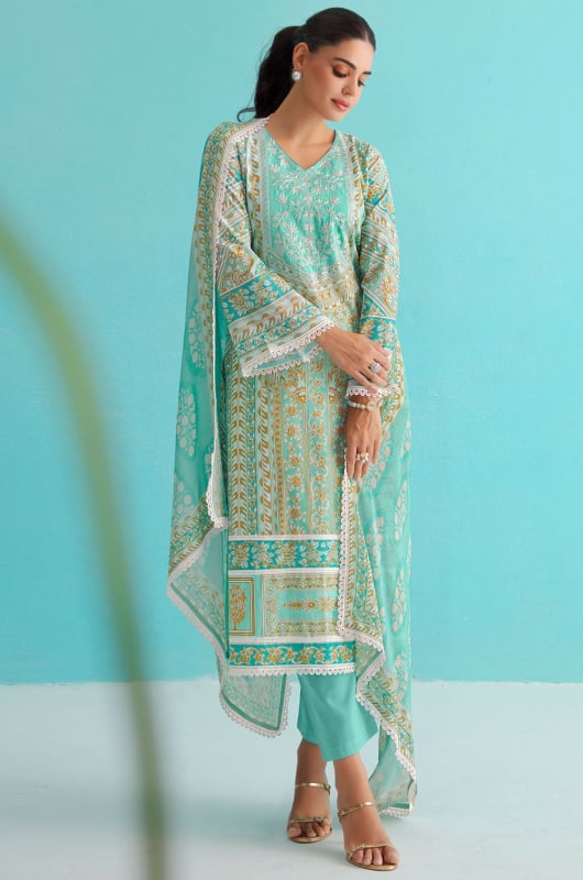 Aqua Blue Resham Embroidered Pure Lawn Plus Size Suit