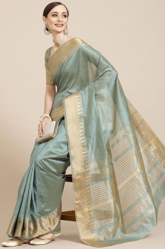 Aqua Green Assam Silk Golden Broad Border Work Printed Party Wear Saree