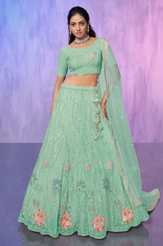 Aqua Green Heavy Designer Lehenga Choli Set for Wedding