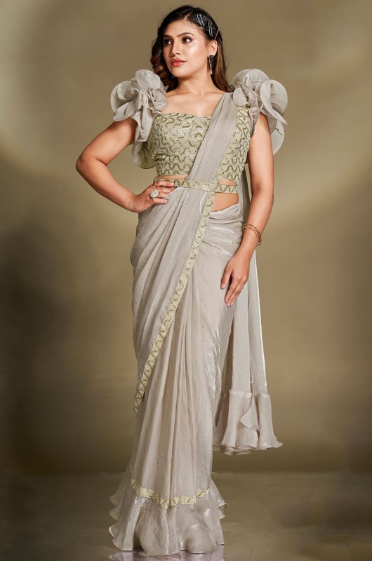 Ash Grey Two Tone Satin Silk Sequins Ready to Wear Saree