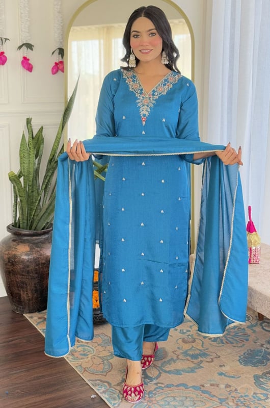 Azure Blue Embroidered Art Silk Readymade Pant Kameez