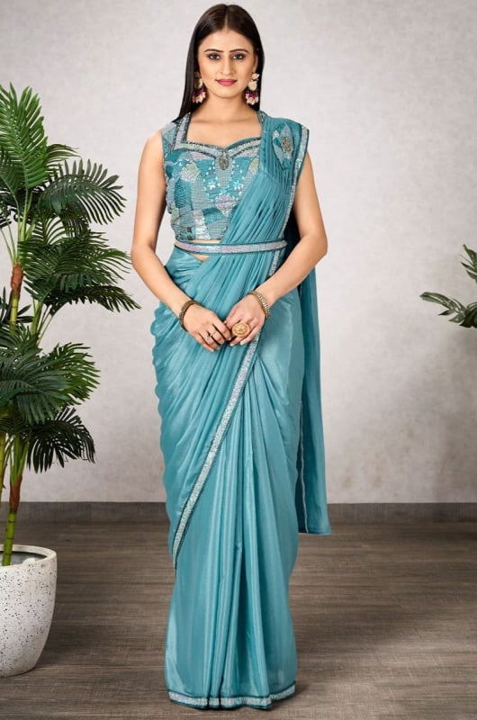 Azure Blue Embroidered Shimmer Georgette Ready to Wear Saree