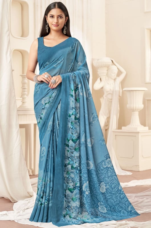 Azure Blue Printed Georgette Casual Wear Saree