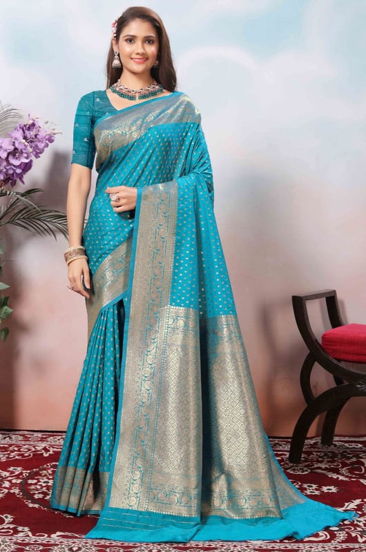 Azure Blue Zari Woven Soft Silk Saree