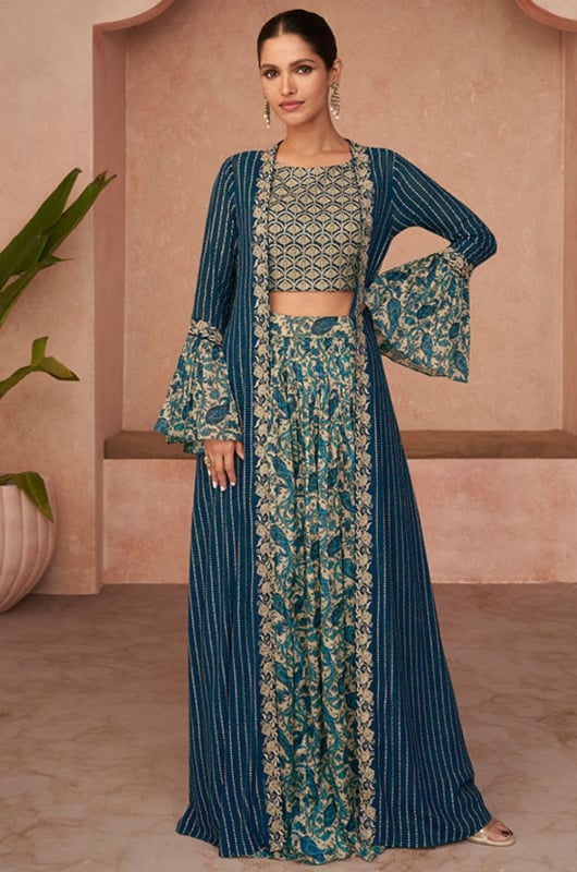 Beige and Peacock Blue Georgette Designer IndoWestern  for Ceremonial