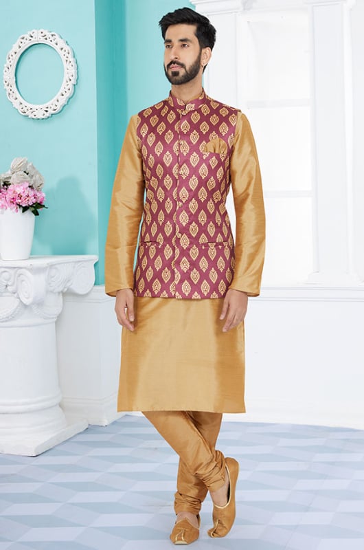 Beige Banarasi Dupion Kurta Set with Jacket