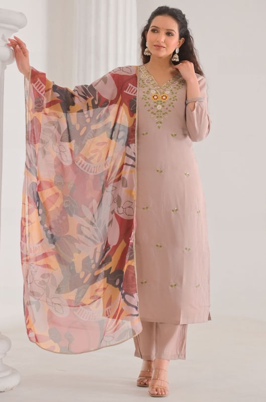 Beige Chanderi Readymade Pant Kameez