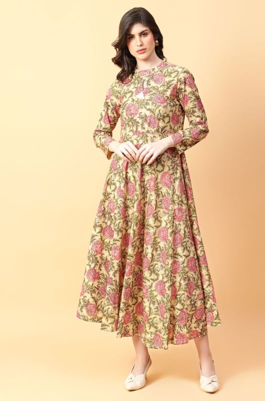 Beige Cotton Printed Long Kurti