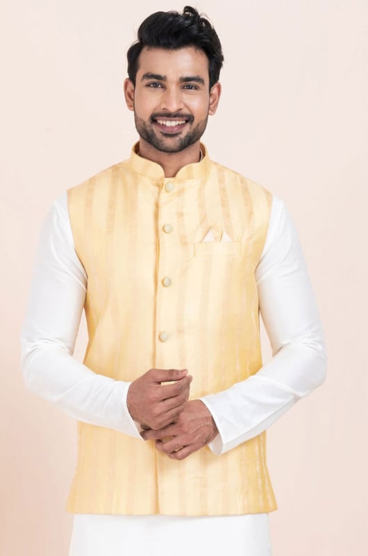 Beige Cotton Self Jacquard Waistcoat