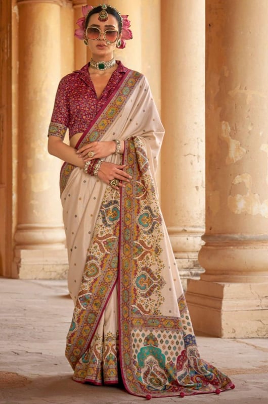 Beige Embellished Viscose Silk Saree