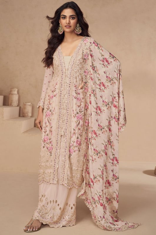 Beige Embroidered Chinnon Readymade Palazzo Kameez